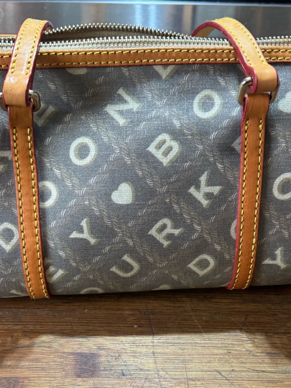 Dooney & Bourke Brown Monogram Shoulder Bag with Tan Trim